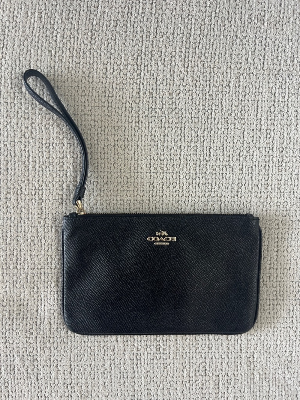 Coach Black Pebbled Leather Wristlet with Gold Accent